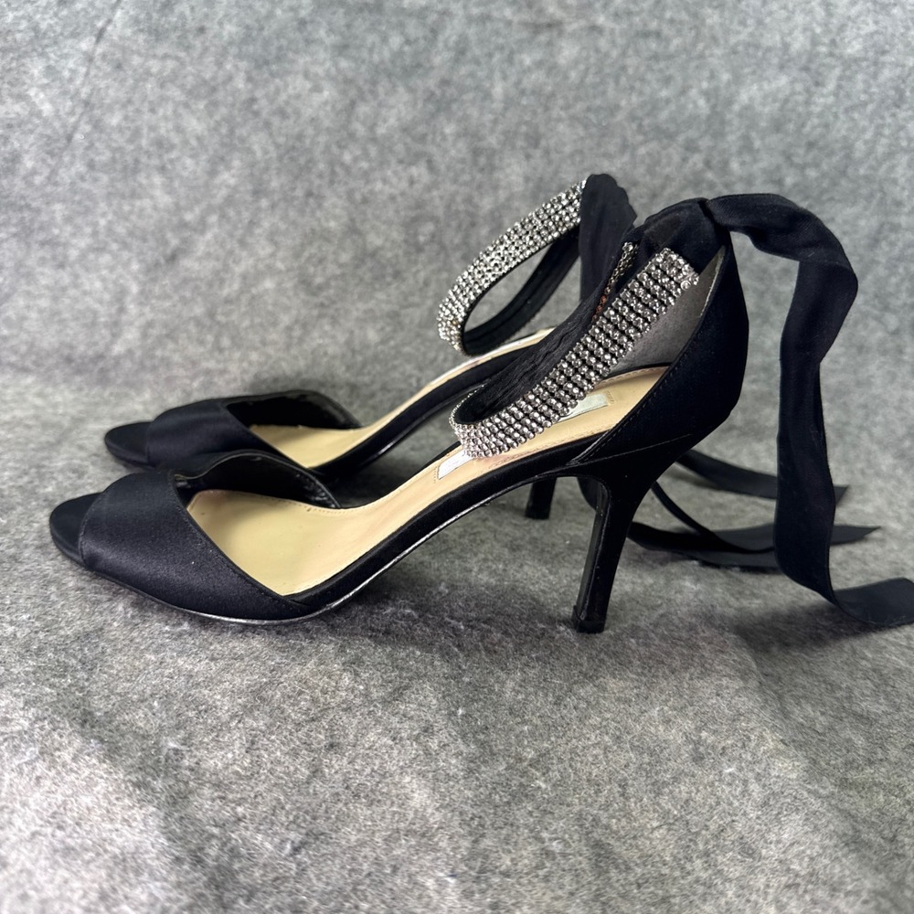 Nina New York Black Satin Rhinestone Ankle Tie Stiletto Sandals Womens 8.5 M